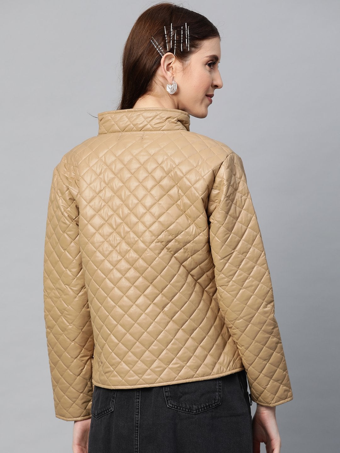 Women's Khaki Contrast Zipper On Sleeves Quilted Jacket