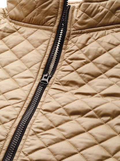 Women's Khaki Contrast Zipper On Sleeves Quilted Jacket