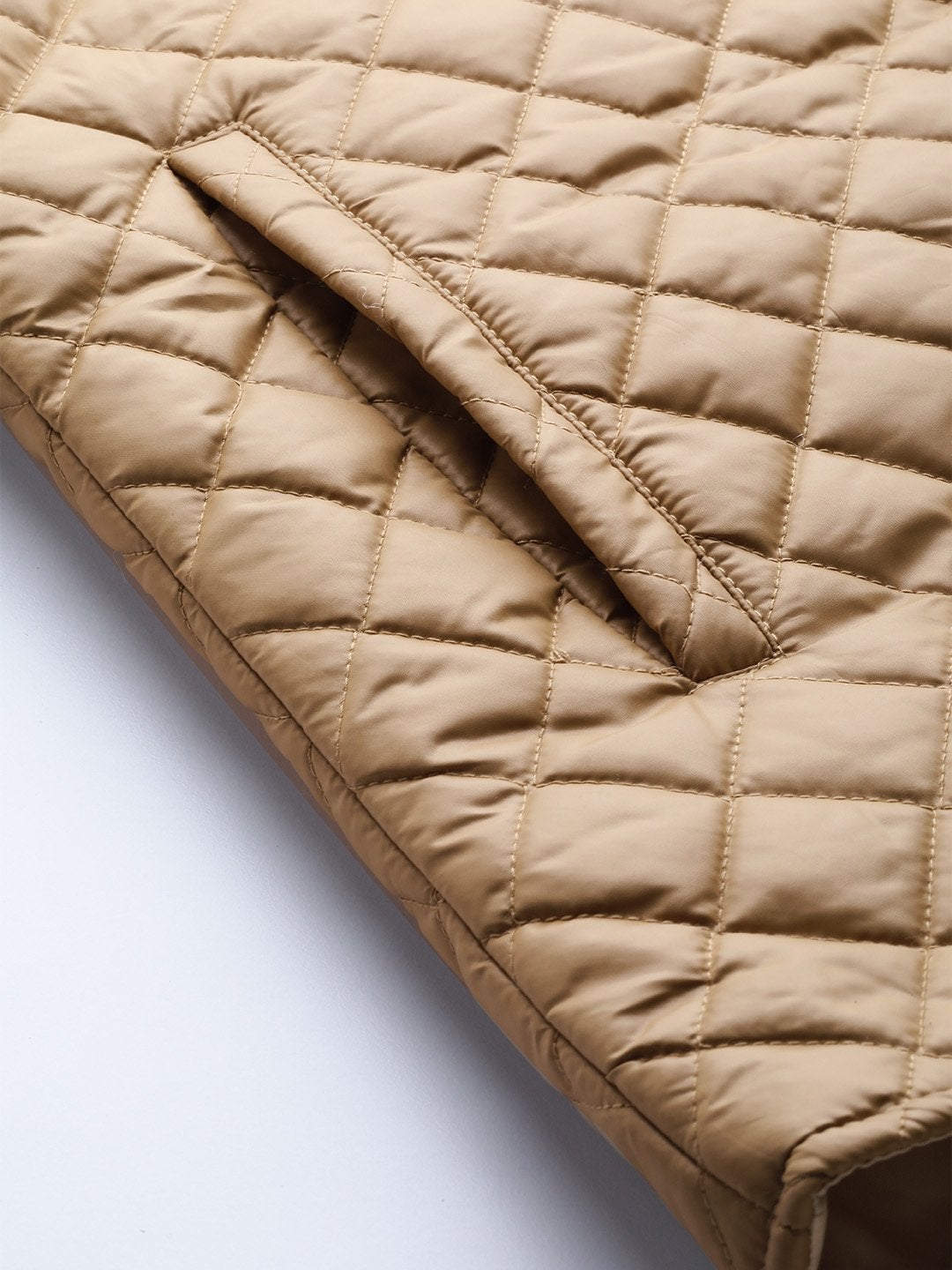 Women's Khaki Contrast Zipper On Sleeves Quilted Jacket