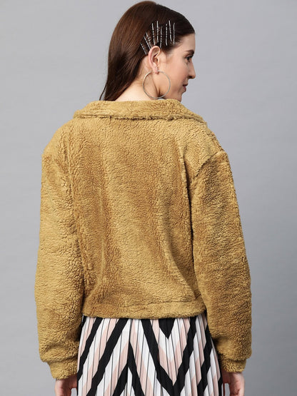 Women's Mustard Drawstring Faux Fur Jacket