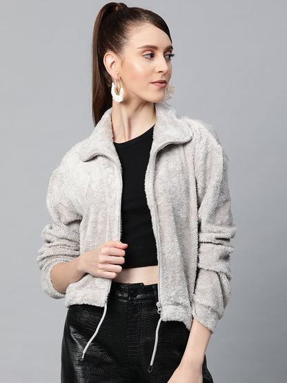 Women's Grey Drawstring Faux Fur Jacket