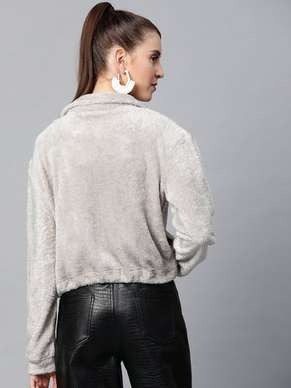 Women's Grey Drawstring Faux Fur Jacket
