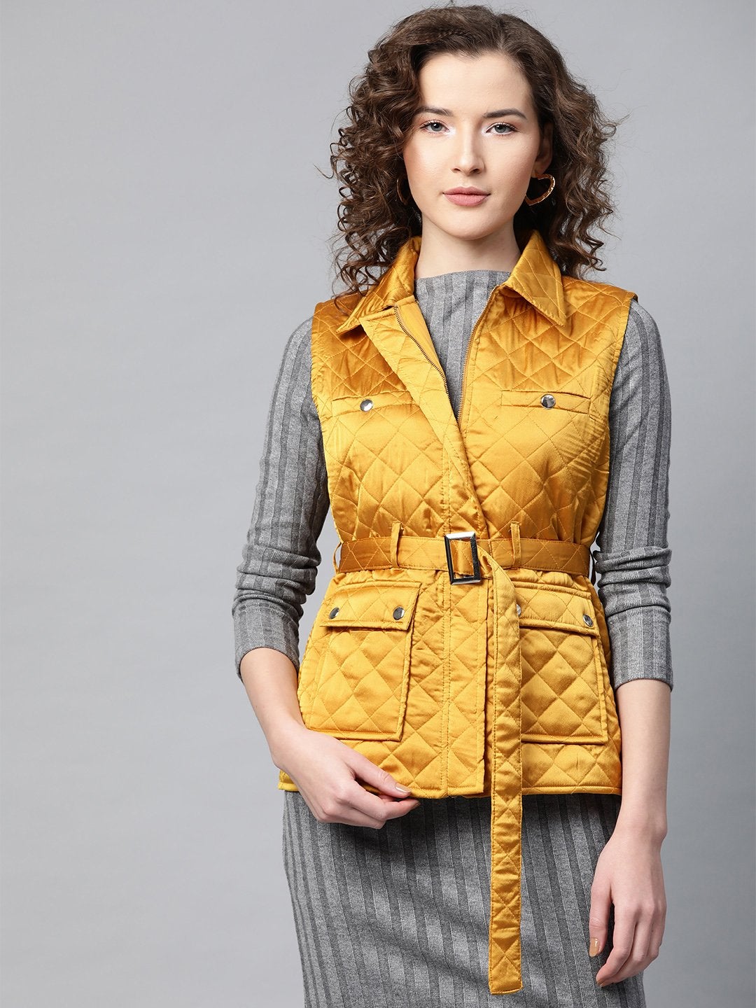 Women's Mustard Sleeveless Belted Satin Quilted Jacket