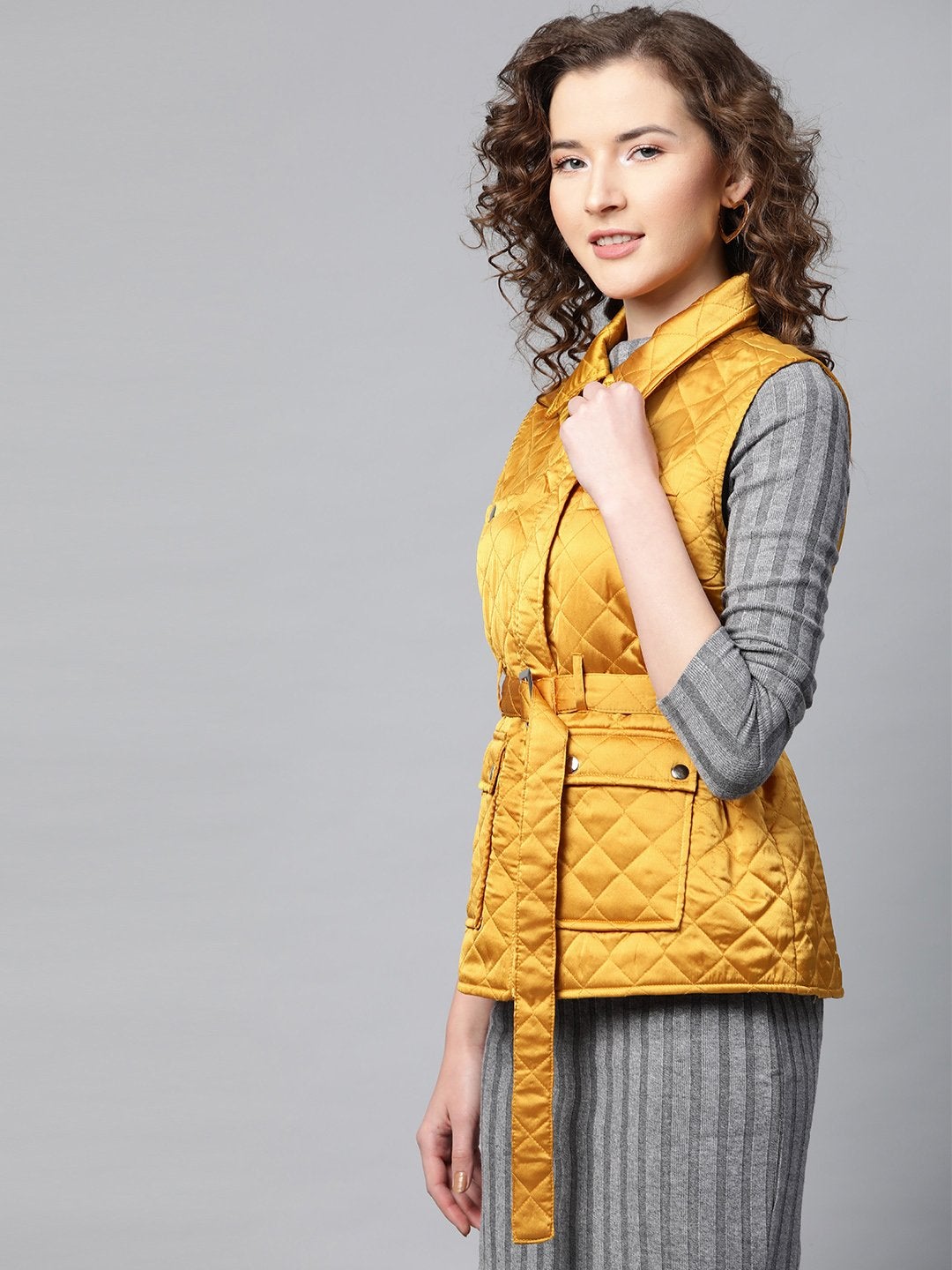 Women's Mustard Sleeveless Belted Satin Quilted Jacket