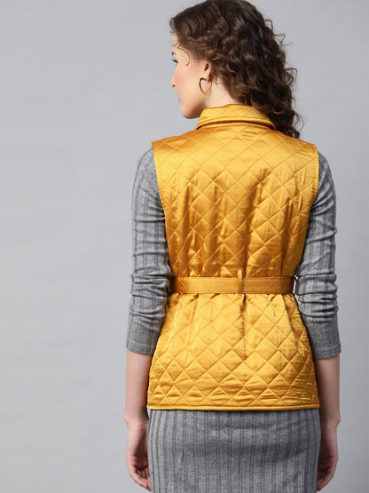 Women's Mustard Sleeveless Belted Satin Quilted Jacket