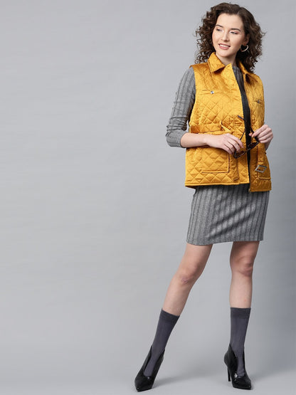 Women's Mustard Sleeveless Belted Satin Quilted Jacket