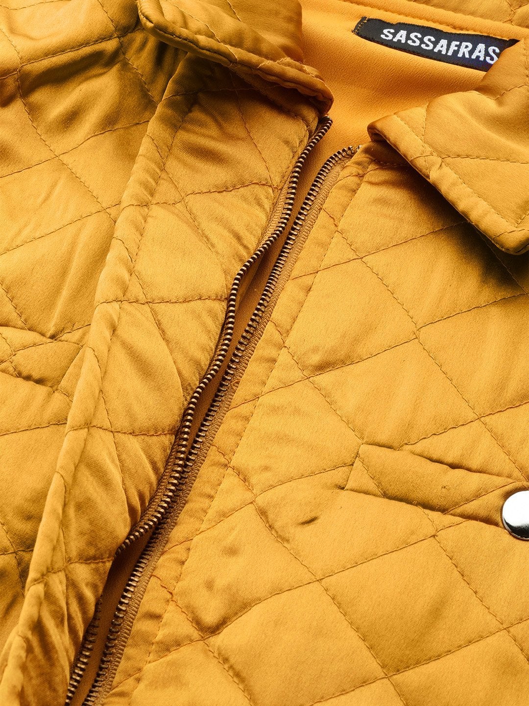 Women's Mustard Sleeveless Belted Satin Quilted Jacket