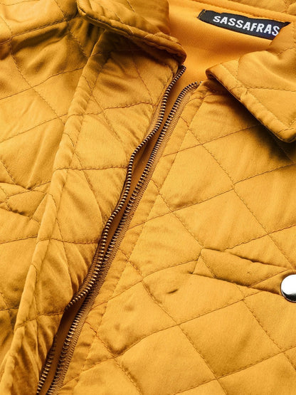 Women's Mustard Sleeveless Belted Satin Quilted Jacket