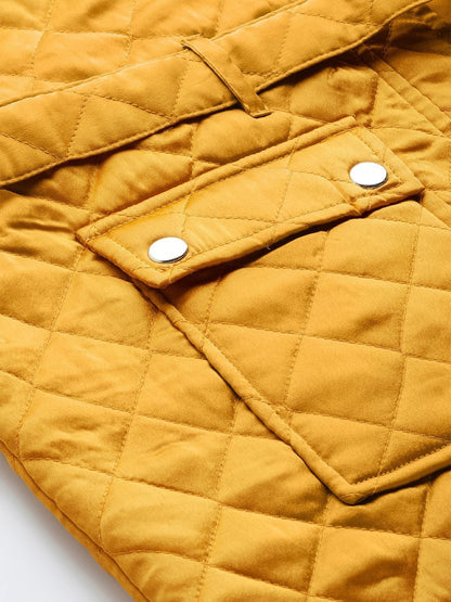 Women's Mustard Sleeveless Belted Satin Quilted Jacket