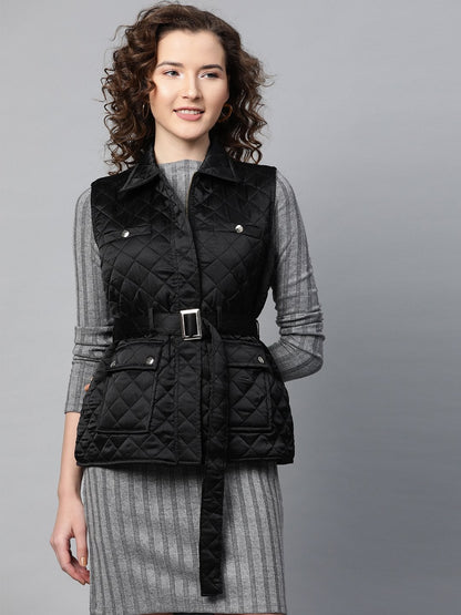 Women's Black Sleeveless Belted Satin Quilted Jacket