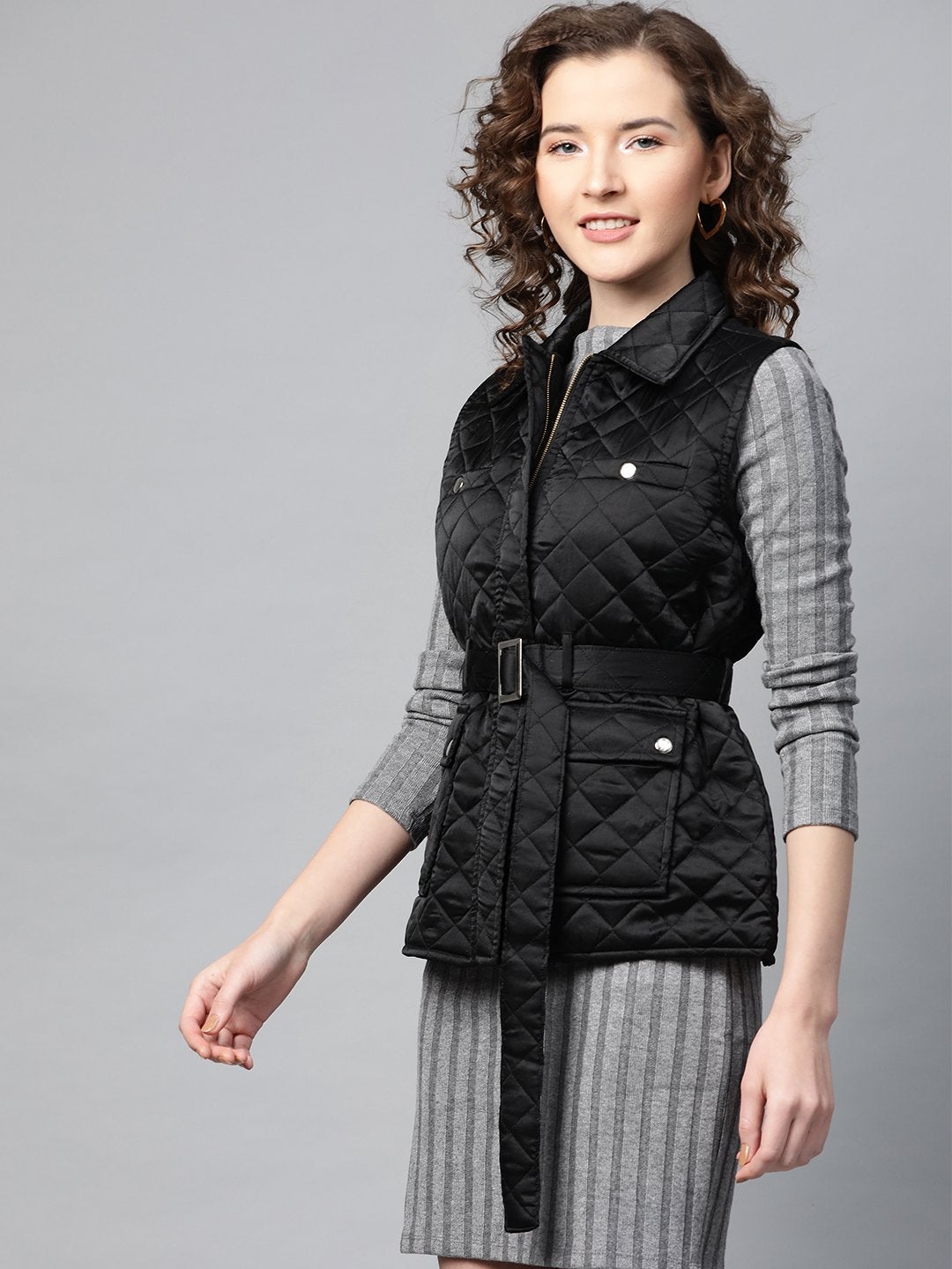 Women's Black Sleeveless Belted Satin Quilted Jacket