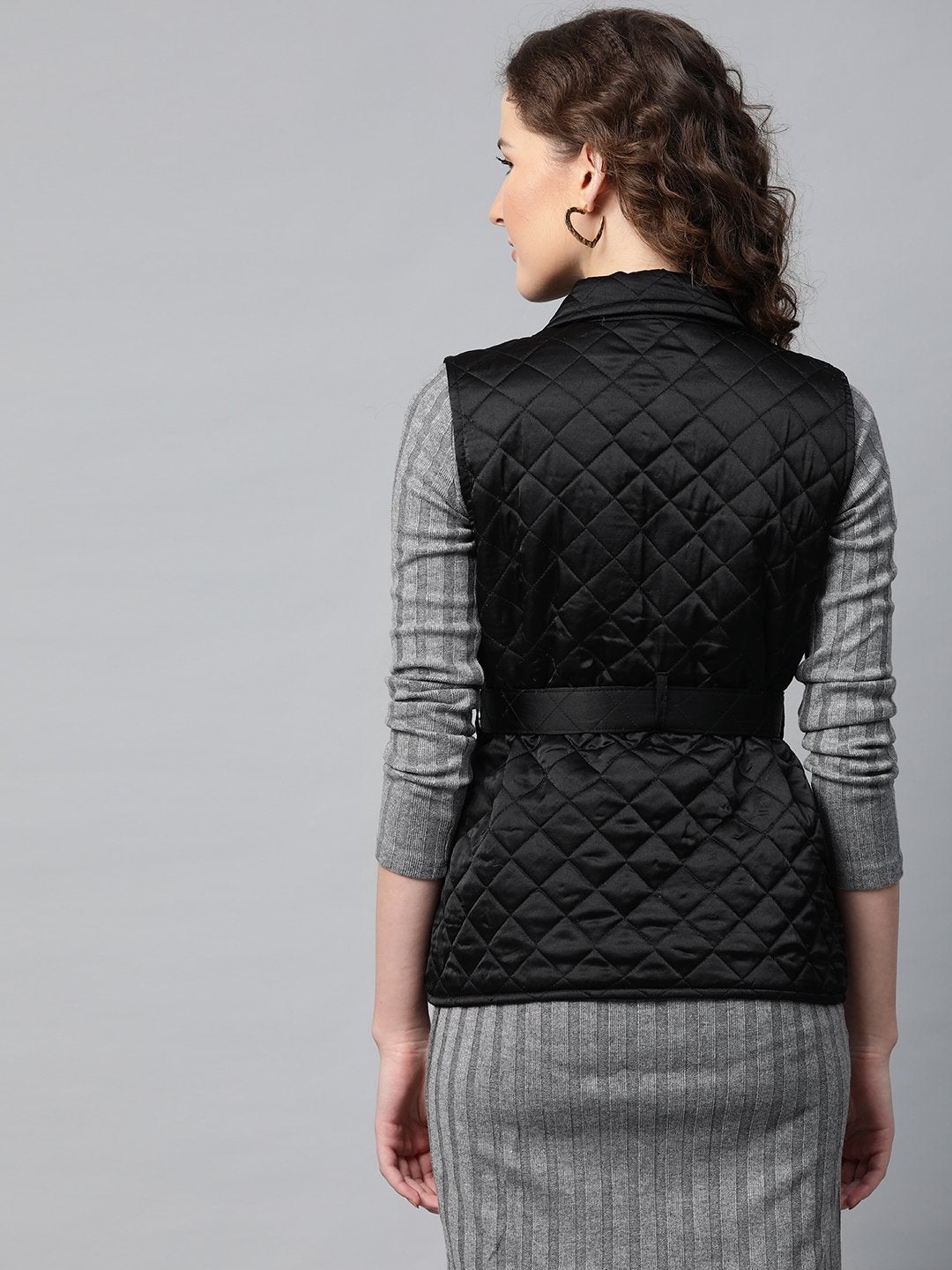 Women's Black Sleeveless Belted Satin Quilted Jacket