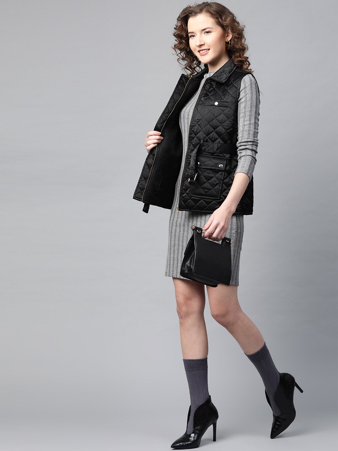 Women's Black Sleeveless Belted Satin Quilted Jacket