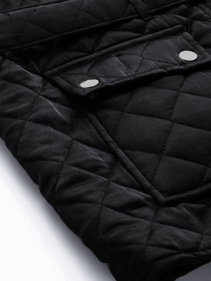 Women's Black Sleeveless Belted Satin Quilted Jacket
