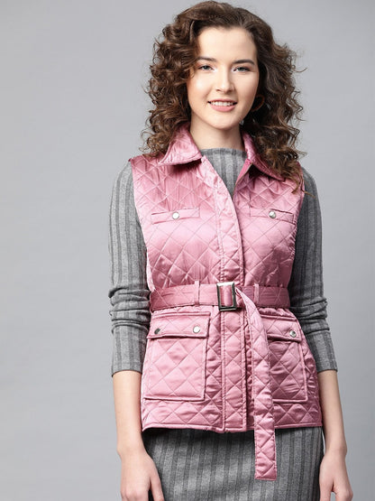 Women's Lavender Sleeveless Belted Satin Quilted Jacket