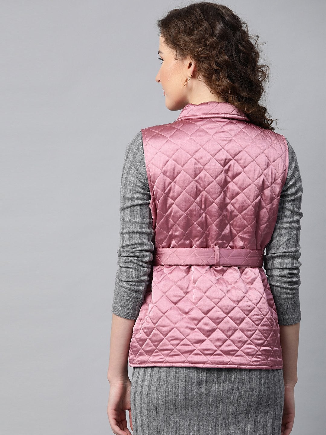 Women's Lavender Sleeveless Belted Satin Quilted Jacket