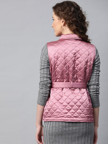 Women's Lavender Sleeveless Belted Satin Quilted Jacket