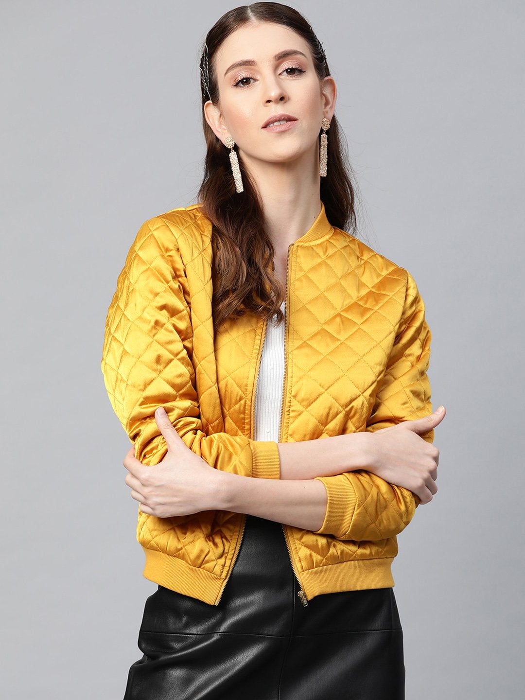 Women's Mustard Satin Quilted Bomber Jacket