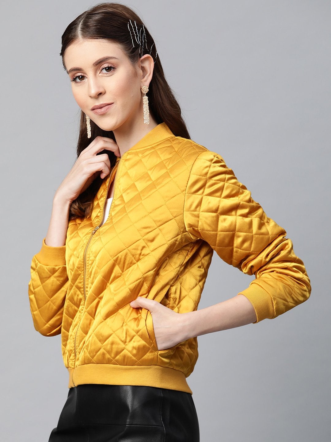 Women's Mustard Satin Quilted Bomber Jacket
