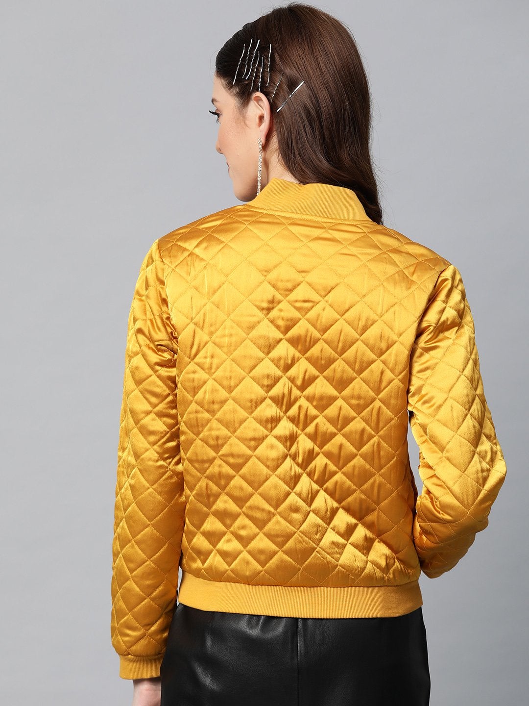 Women's Mustard Satin Quilted Bomber Jacket