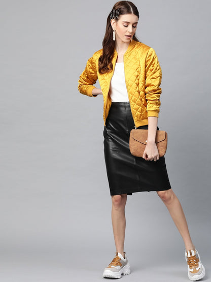 Women's Mustard Satin Quilted Bomber Jacket