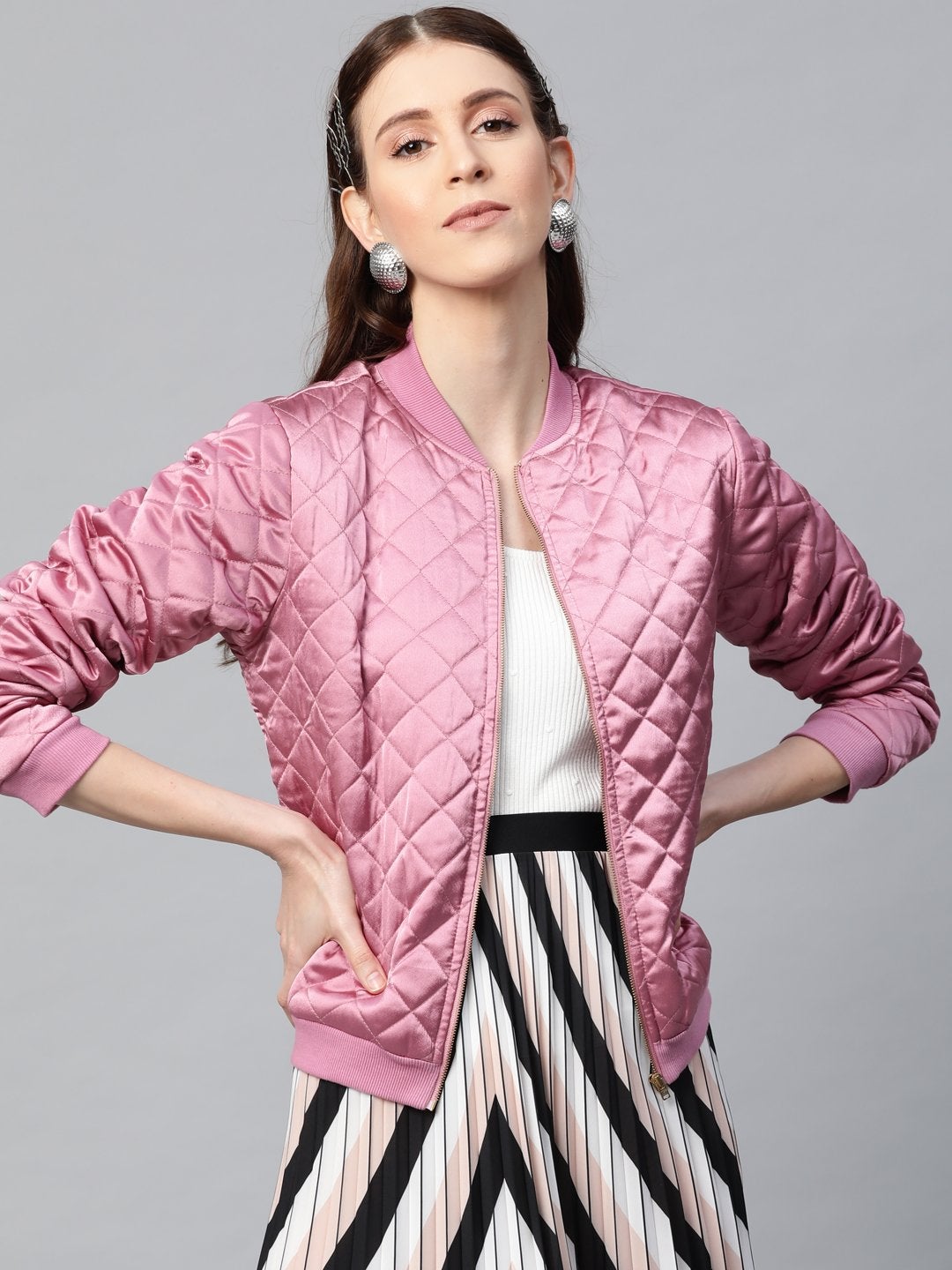 Women's Lavender Satin Quilted Bomber Jacket