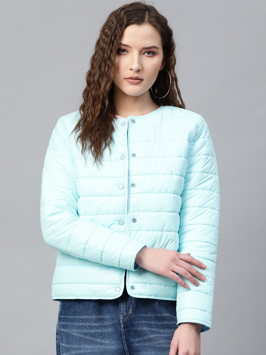 Women's Blue Snap Button Quilted Jacket