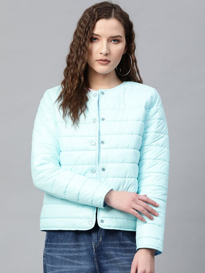 Women's Blue Snap Button Quilted Jacket