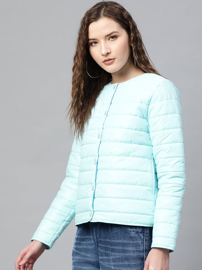 Women's Blue Snap Button Quilted Jacket
