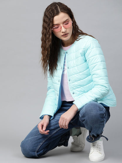 Women's Blue Snap Button Quilted Jacket