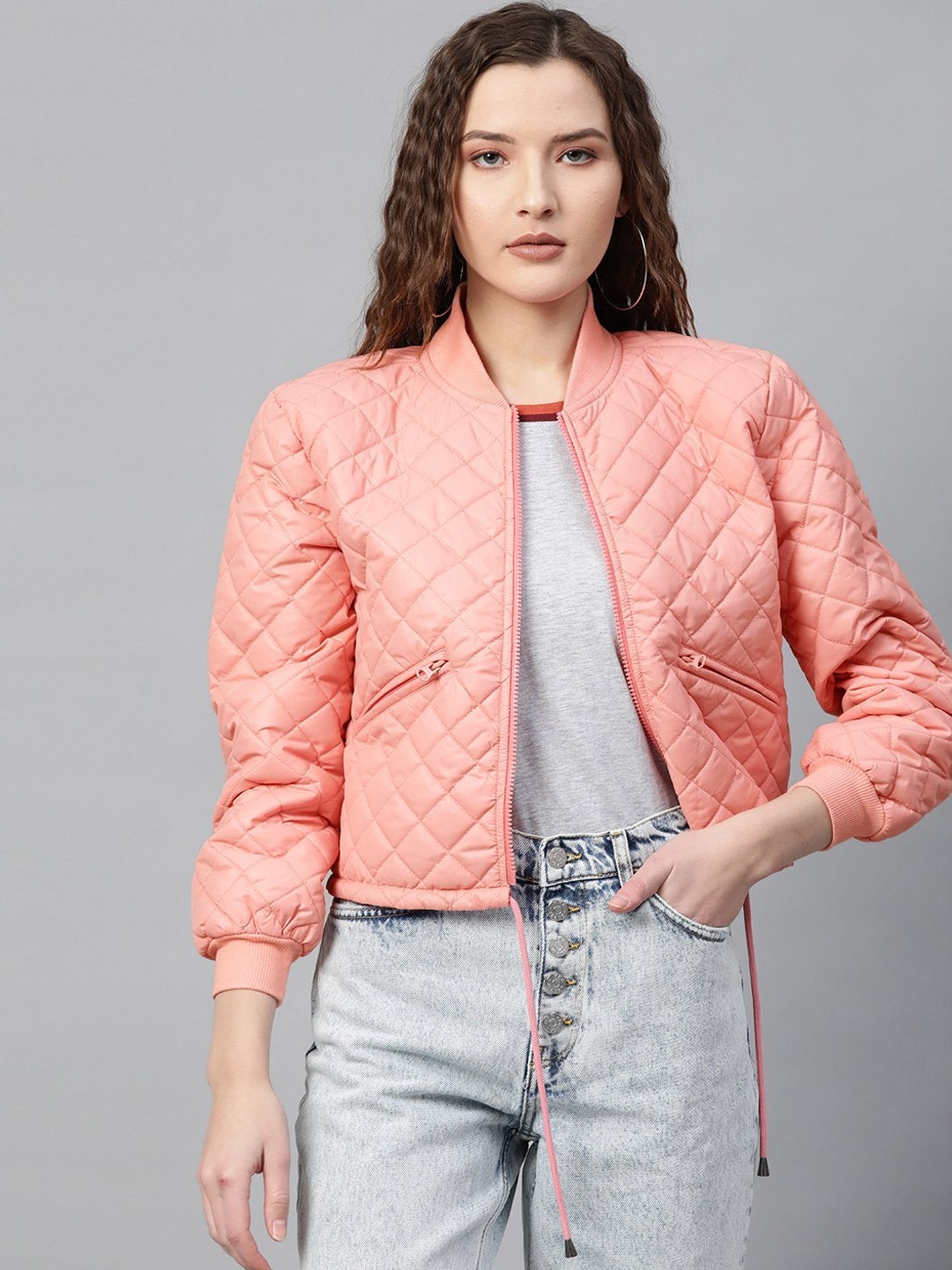 Women's Peach Drawstring Quilted Bomber Jacket