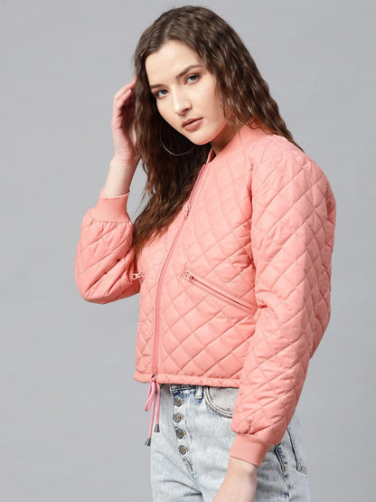 Women's Peach Drawstring Quilted Bomber Jacket
