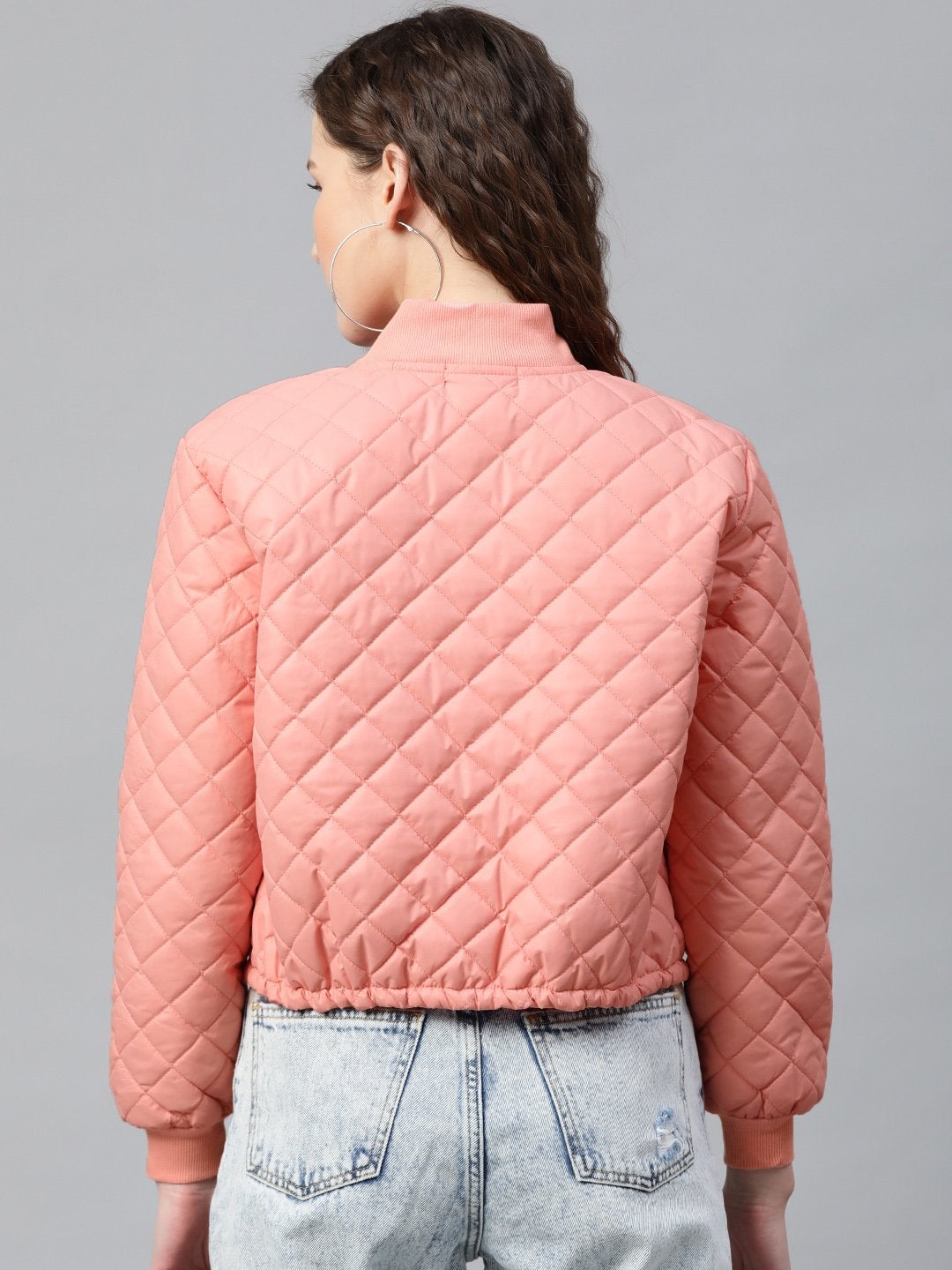 Women's Peach Drawstring Quilted Bomber Jacket