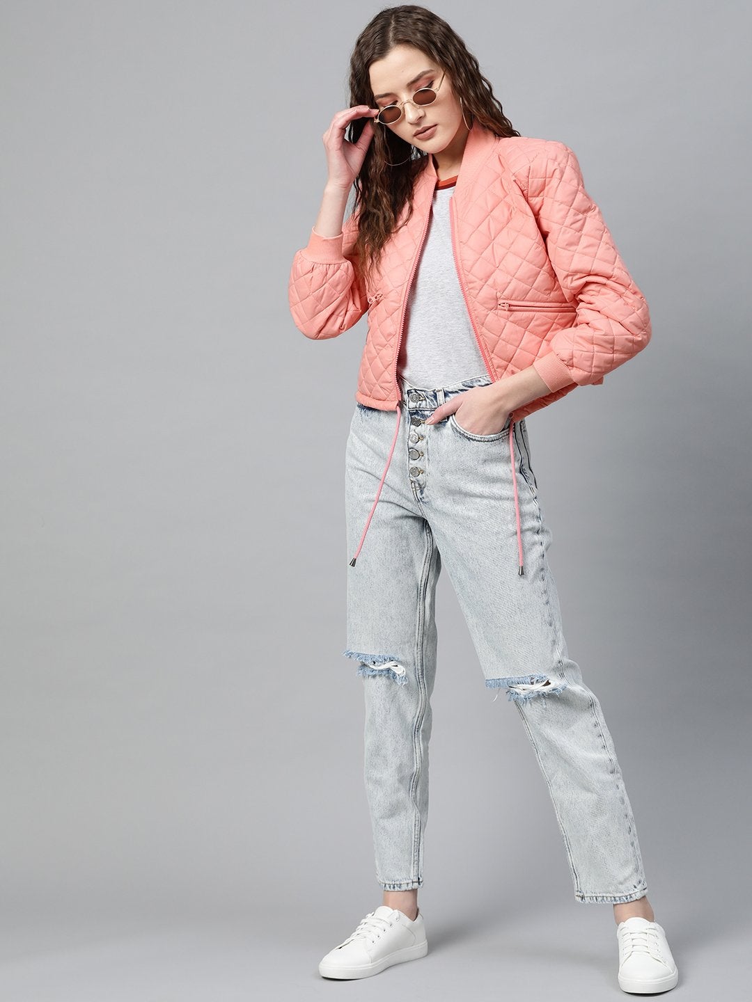 Women's Peach Drawstring Quilted Bomber Jacket