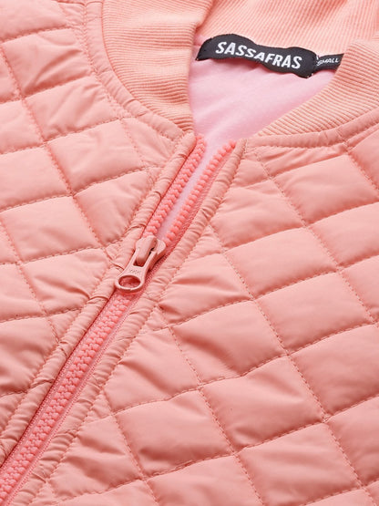 Women's Peach Drawstring Quilted Bomber Jacket
