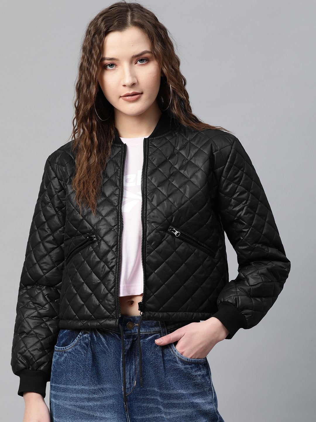 Women's Black Drawstring Quilted Bomber Jacket
