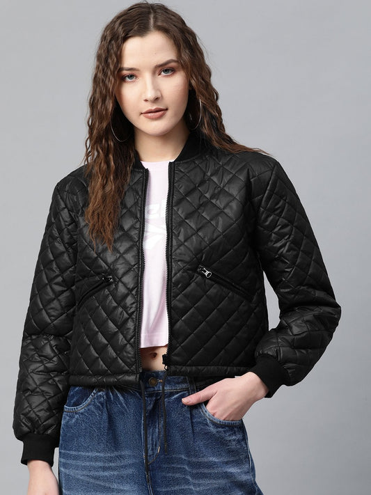Women's Black Drawstring Quilted Bomber Jacket