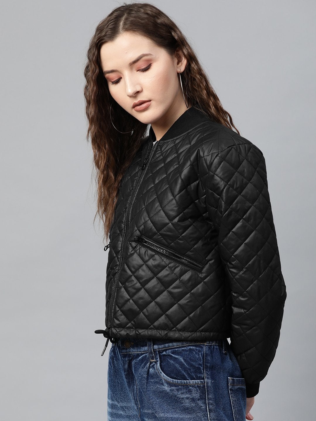 Women's Black Drawstring Quilted Bomber Jacket