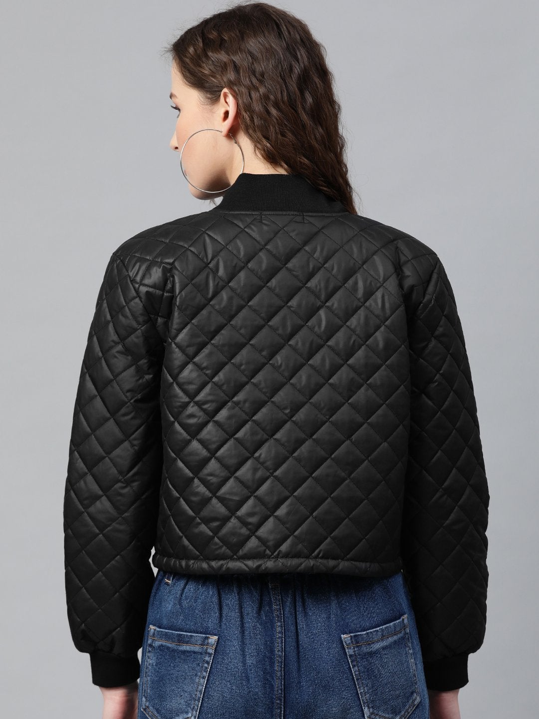 Women's Black Drawstring Quilted Bomber Jacket