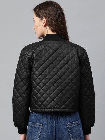 Women's Black Drawstring Quilted Bomber Jacket
