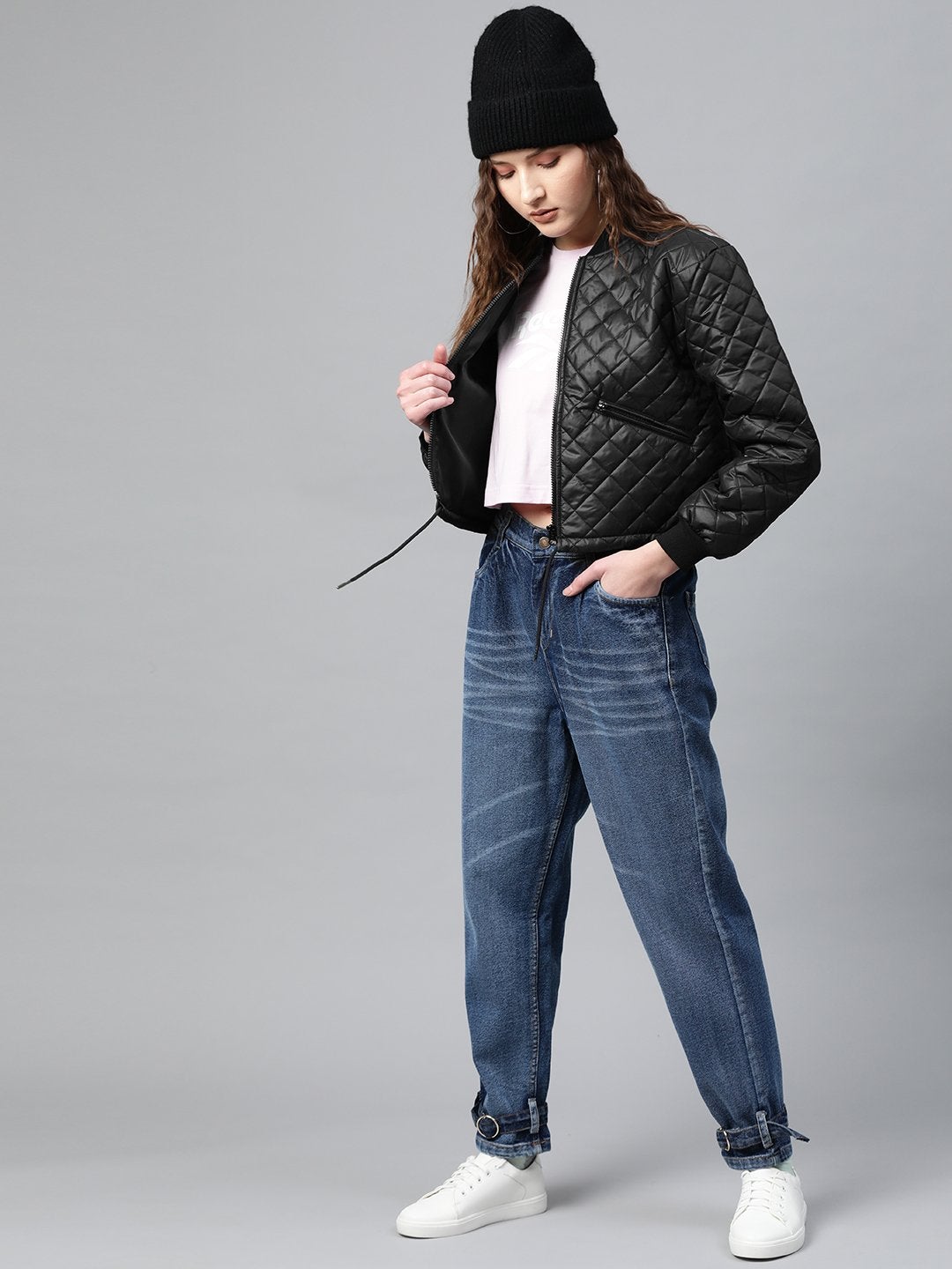 Women's Black Drawstring Quilted Bomber Jacket