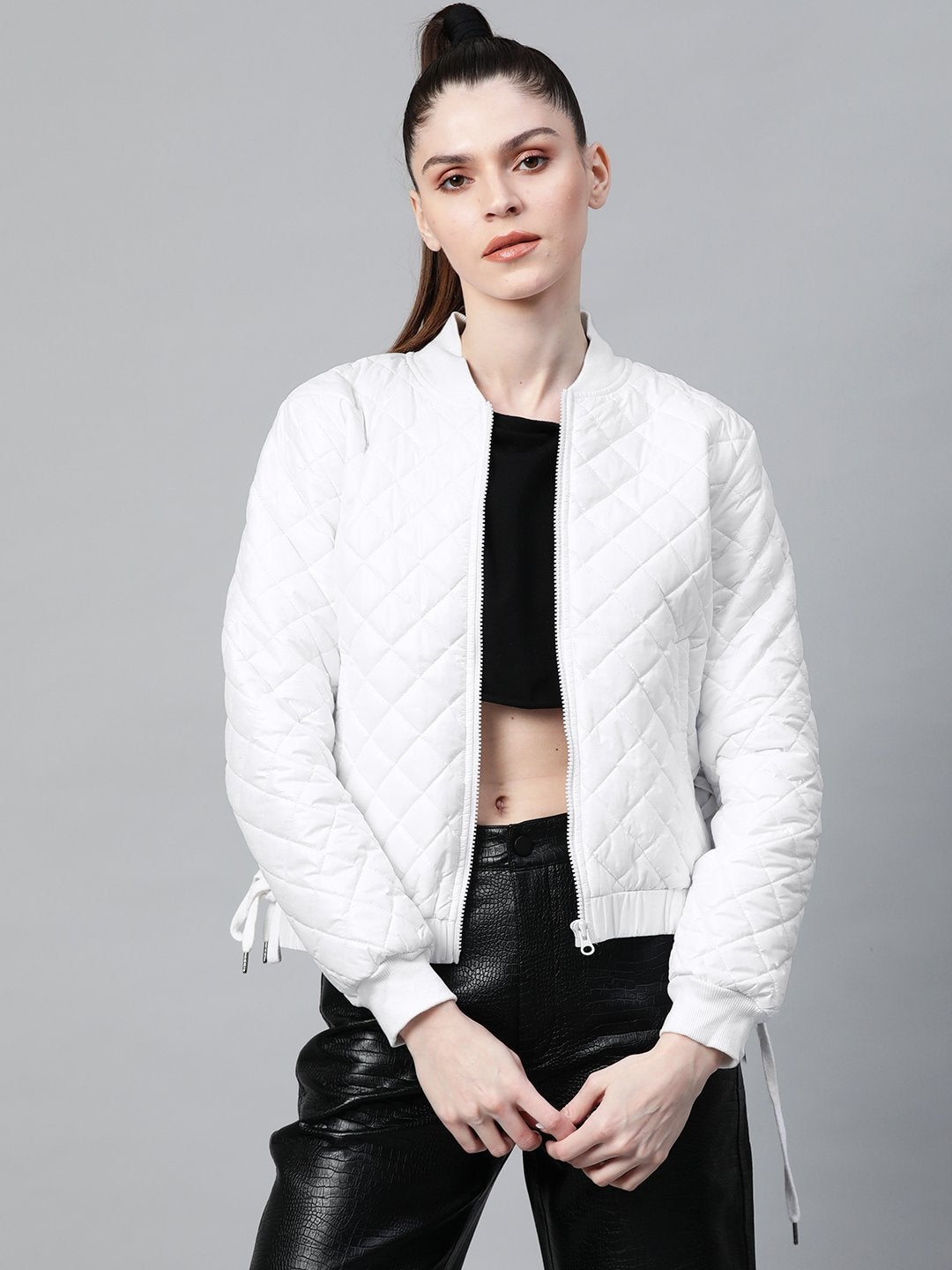 Women's White Tie-Up Detail Quilted Bomber Jacket