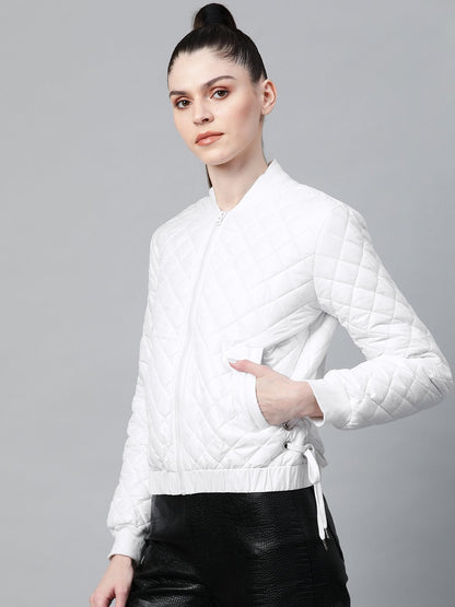 Women's White Tie-Up Detail Quilted Bomber Jacket