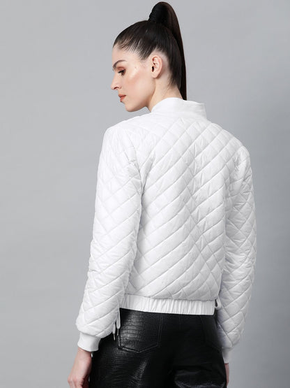 Women's White Tie-Up Detail Quilted Bomber Jacket