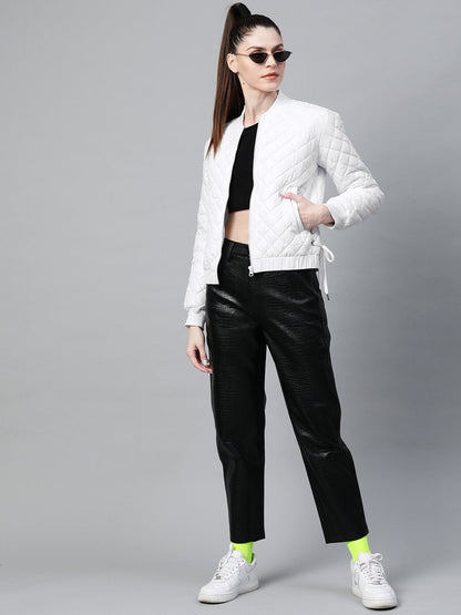Women's White Tie-Up Detail Quilted Bomber Jacket