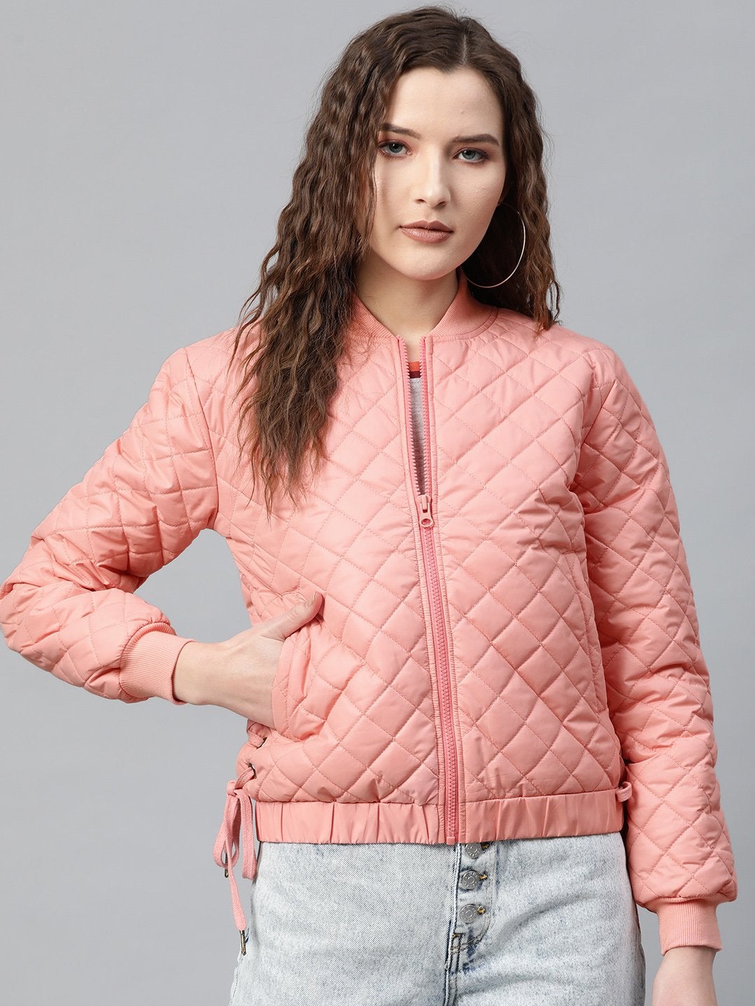 Women's Peach Tie-Up Detail Quilted Bomber Jacket