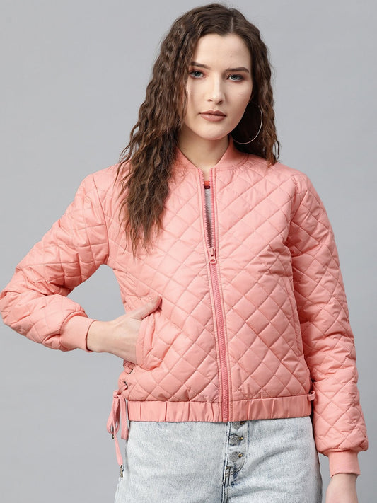 Women's Peach Tie-Up Detail Quilted Bomber Jacket