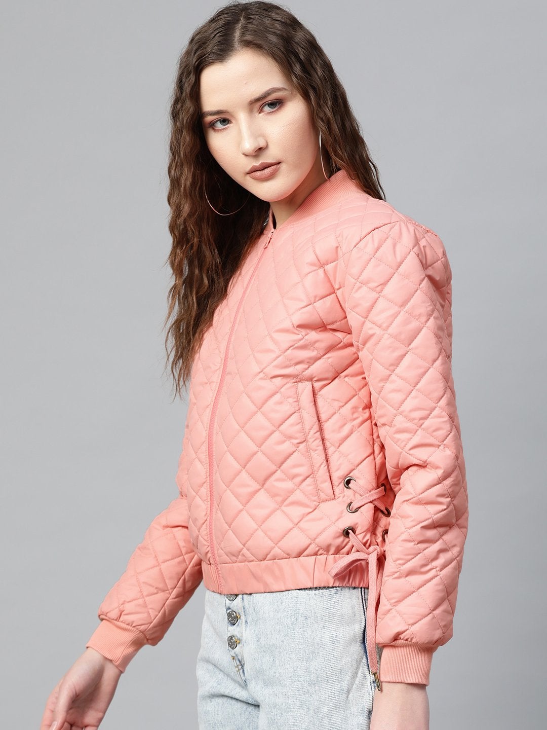 Women's Peach Tie-Up Detail Quilted Bomber Jacket