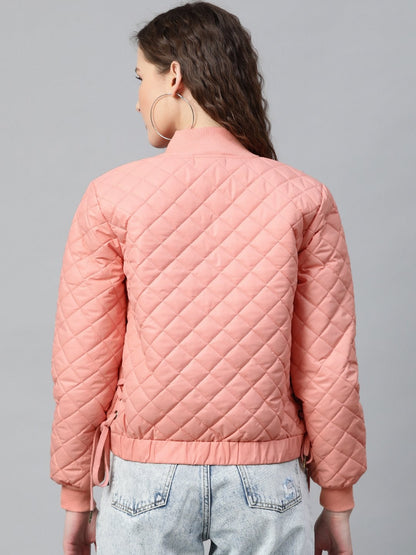 Women's Peach Tie-Up Detail Quilted Bomber Jacket