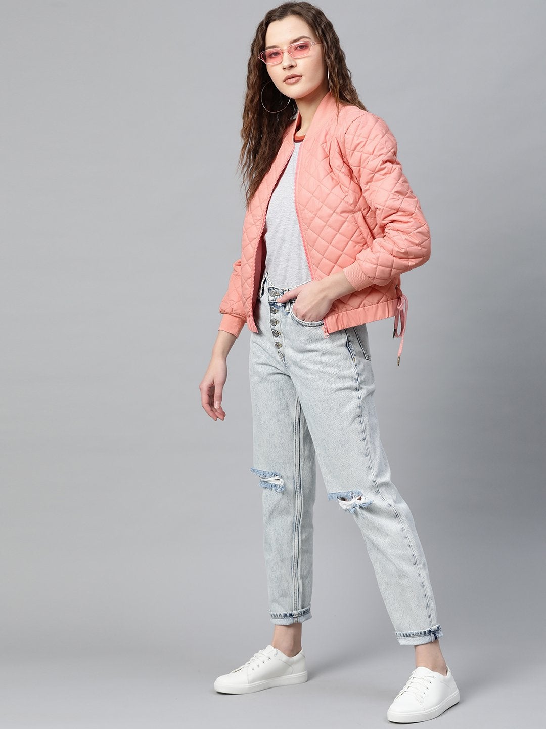 Women's Peach Tie-Up Detail Quilted Bomber Jacket